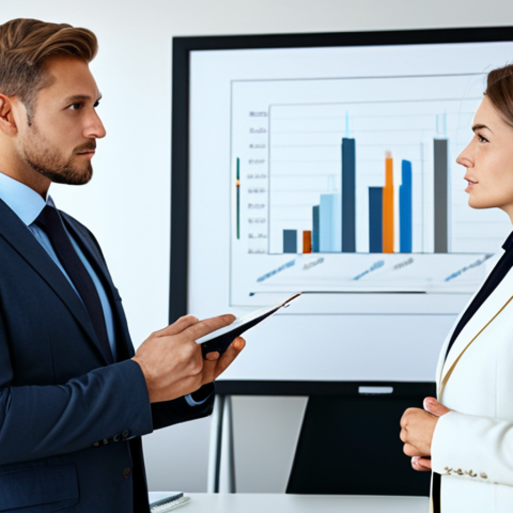 **
A professional setting depicting two people in a modern office engaged in a trade negotiation. One is explaining a point with a presentation while the other listens intently, taking notes. Focus on building trust and finding common interests. The scene should emphasize clear communication, perhaps with visual aids showing market analysis or shared goals. Appropriate attire, safe for work, professional, well-lit, high-quality render, perfect anatomy, correct proportions, natural pose, fully clothed, modest.
**