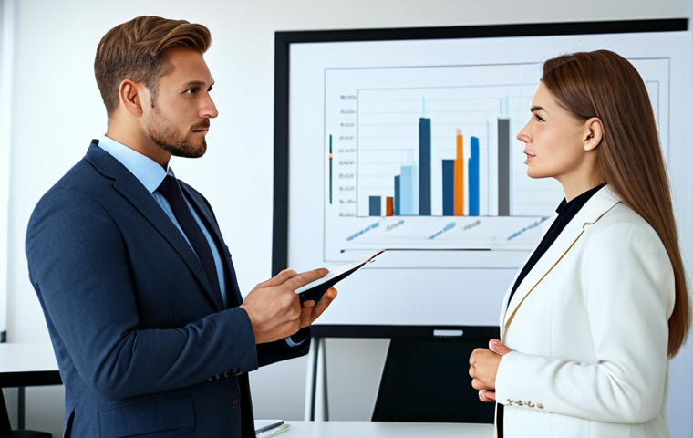 **

A professional setting depicting two people in a modern office engaged in a trade negotiation. One is explaining a point with a presentation while the other listens intently, taking notes. Focus on building trust and finding common interests. The scene should emphasize clear communication, perhaps with visual aids showing market analysis or shared goals. Appropriate attire, safe for work, professional, well-lit, high-quality render, perfect anatomy, correct proportions, natural pose, fully clothed, modest.

**
