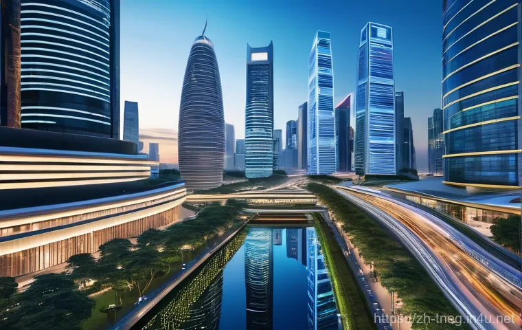 무역협상가가 반드시 알아야 할 협정 및 조약 - **Prompt:** A dynamic, high-angle wide shot of a futuristic global trading hub where modern skyscrap...