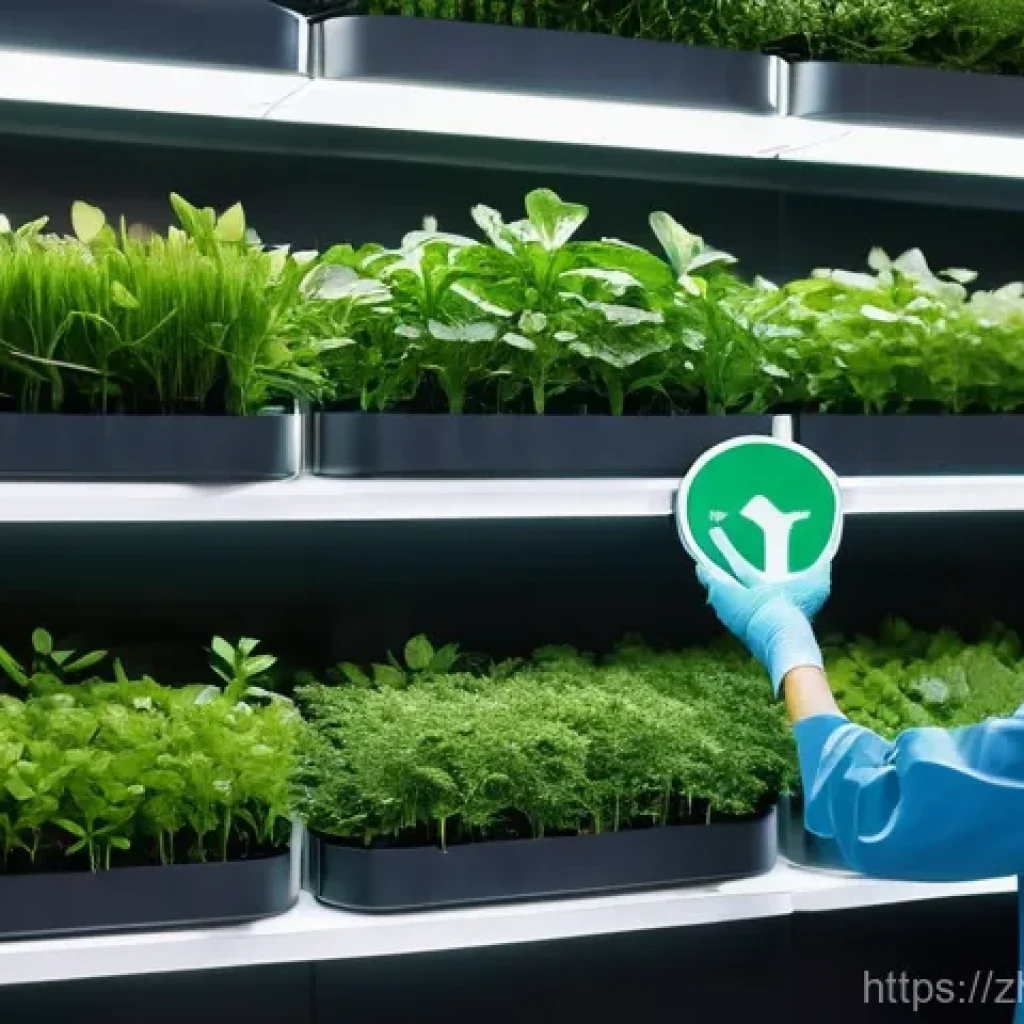 무역협상가를 위한 최신 무역 규제 정보 - **Prompt:** A futuristic, eco-friendly factory facade with lush vertical gardens and clean energy pa...