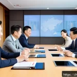 무역협상가를 위한 세미나 및 워크숍 정보 - A professional, modern international business negotiation scene set in a sleek conference room with ...