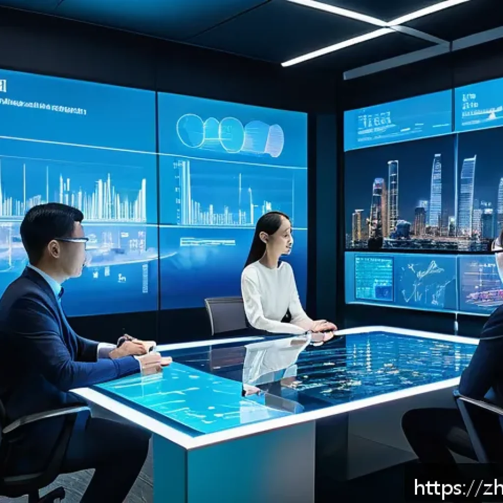무역협상가가 활용할 수 있는 최신 기술 트렌드 - A modern corporate negotiation room filled with diverse professionals in business attire, actively e...