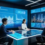 무역협상가가 활용할 수 있는 최신 기술 트렌드 - A modern corporate negotiation room filled with diverse professionals in business attire, actively e...