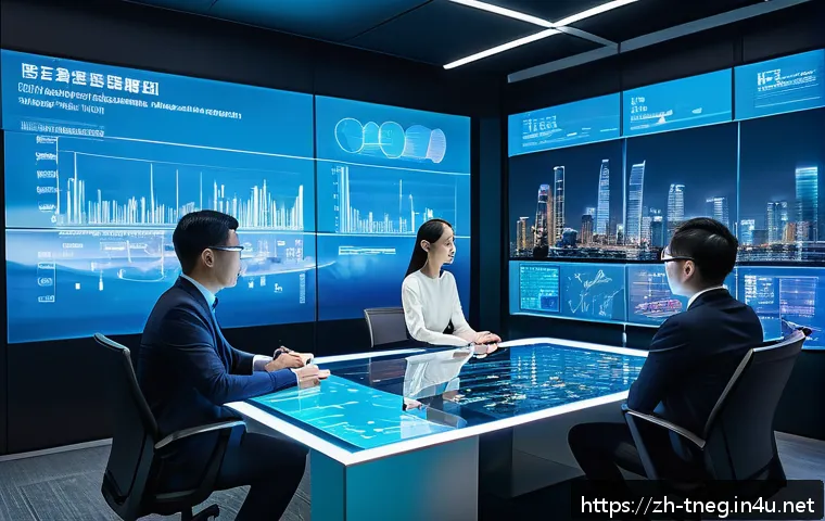 무역협상가가 활용할 수 있는 최신 기술 트렌드 - A modern corporate negotiation room filled with diverse professionals in business attire, actively e...
